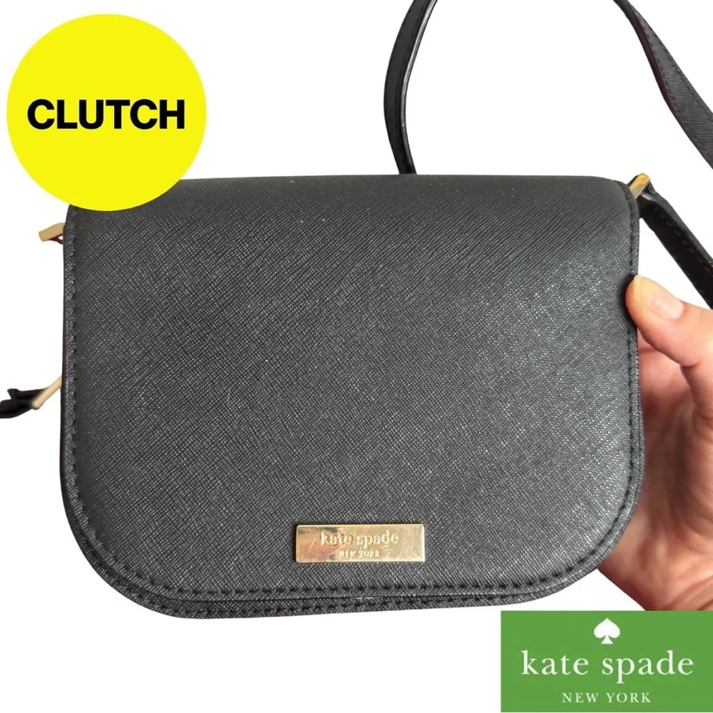KATE SPADE ♠️ Mini Black Clutch with Crossbody Strap, Gold Hardware - Picture 1 of 12